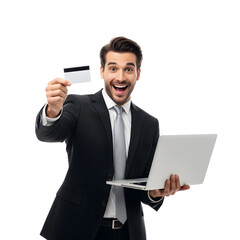 Excited businessman in a suit holding a credit card and a laptop, expressing joy about online shopping and financial transactions