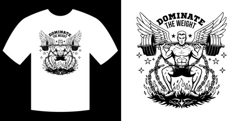 Dominate the Weight Design Illustration: A stylized illustration showcasing a Dominate the Weight design with a strong man lifting weights, exuding strength and determination.