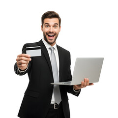 Excited businessman in a suit showing a credit card while holding a laptop, happy about online shopping and easy payment on a white background