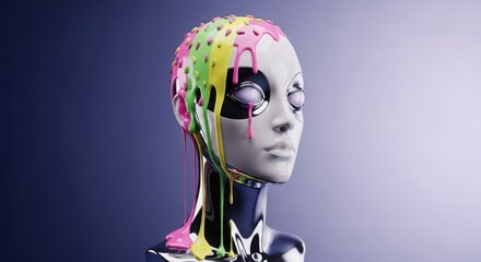 Mannequin head with colorful paint dripping down its face