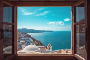 Scenic outlook from a home overlooking the volcanic crater and bright white buildings by the sea