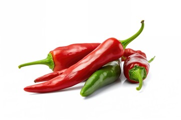 Close-up of vibrant spicy chili peppers on a white background