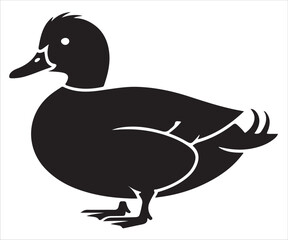 Duck silhouette vector illustration, side view of water bird with beak, feathers, and tail in black and white design isolated on white background for wildlife, nature, and farm animal artwork