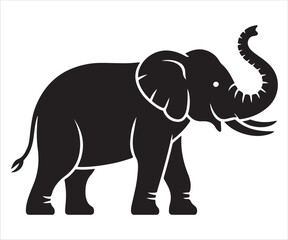 Full body elephant vector silhouette with tusks and trunk in black and white