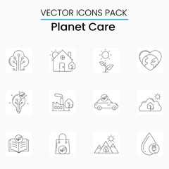 Sustainable Planet Care Icons Eco Friendly Technology, Renewable Energy, and Environmental Conservation Vector Symbols