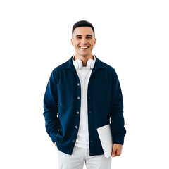 Smiling man with a laptop and headphones standing against a white background
