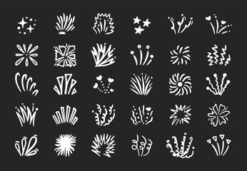 Fireworks, sparkles, doodle bursts. Festive hand drawn vector set of star icons, explosion elements, and celebration shapes. Unique design with fireworks, spark lines, glowing stars, and abstract