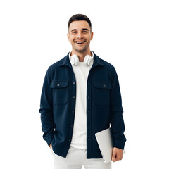 Confident smiling young man in casual attire with headphones and a laptop, looking at the camera. Portrait of a happy student or freelancer on a white background