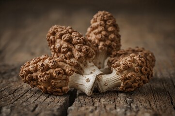 Detailed View of Fresh Morel Fungi Arranged on a Wooden Table