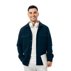 Confident and happy young male student or freelancer holding a laptop, posing in casual attire on a white studio background
