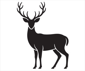 Deer silhouette vector illustration, majestic stag with large antlers standing in side view, black and white wildlife design isolated on white background for nature, hunting, and forest artwork