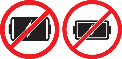 Two battery icons with red prohibition signs indicating no power or battery symbol silhouette isolated on white background