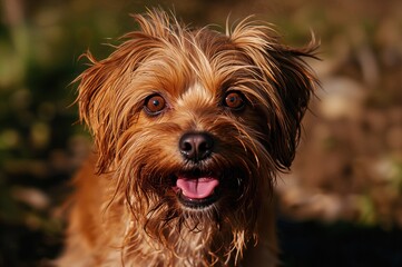 Close-up of a tiny furry companion outdoors, featuring wet brown fur on a pet dog