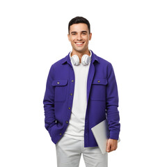 Portrait of a smiling young Hispanic man in a stylish purple shirt, holding a laptop and wearing headphones, isolated on a white studio background