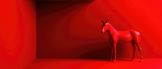 Abstract Red Horse Sculpture in Minimalistic Red Room Modern Art and Design Concept