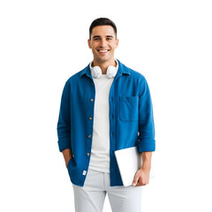 Young man holding a laptop with headphones around his neck, isolated on white background