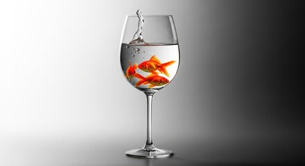 Three goldfish swimming in a wine glass with water splash