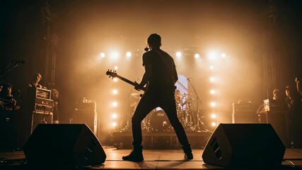 Male guitarist performing on stage in concert during live music show, silhouette footage - Powered by Adobe