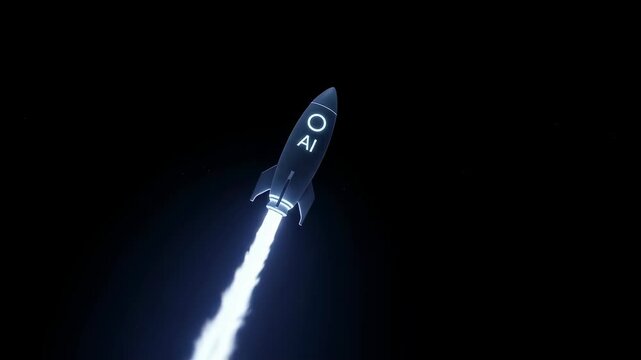 A rocket with an AI logo ascending through space, showing progress and innovation in artificial intelligence technology footage.