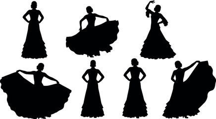 Flamenco dancer silhouette set in dramatic poses with ruffled dress, Spanish traditional dance vector for culture, fashion, and performance themes.