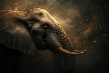 Dramatically lit close-up of an elephant's folded trunk highlighting intricate skin textures