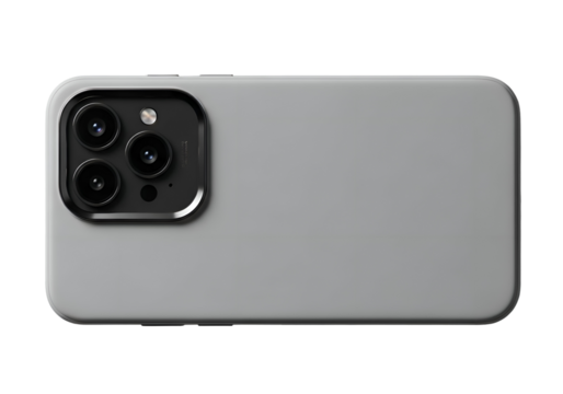 Modern gray smartphone with advanced triple camera system visible on back facing downward isolated on transparent background