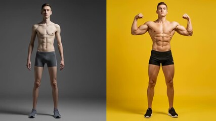 A man showing his body transformation from skinny to muscular physique, fitness and sport concept, before and after video.