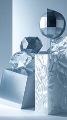 A minimalist and futuristic holiday scene with an abstract ice sculpture and a silver bauble.