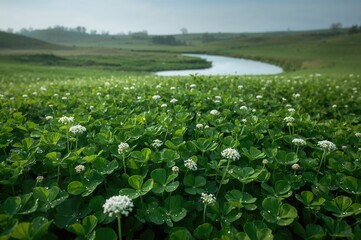 Morning dew sparkling on a lush clover meadow