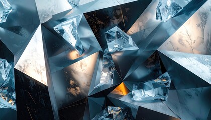 A dynamic and abstract holiday visual with sharp, blue crystal shards and a silver Christmas bauble.