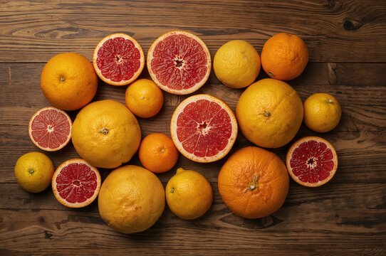 Top-down view of various colored grapefruits and citrus fruits creatively displayed on a wooden surface
