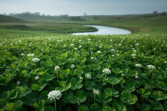 Morning dew sparkling on a lush clover meadow