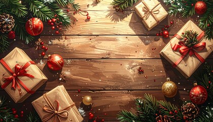 A rustic Christmas flat lay with wrapped gifts, golden ornaments, and fir branches on a wooden background.