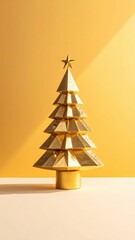 A bold and luxurious minimalist poster of a golden tabletop Christmas tree against a warm yellow background.