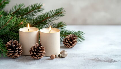 An eco-friendly Christmas poster with white candles, pine cones, and fir branches on a rustic wooden surface.
