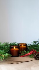 A minimalist and natural holiday flat lay with a blank card, candles, and fir branches, with copy space.