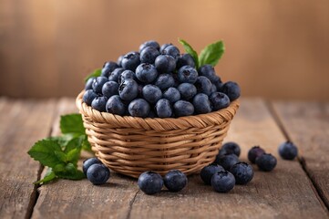 Premium fresh blueberries arranged in a tiny woven basket with some berries and leaves scattered on a vintage wooden surface.