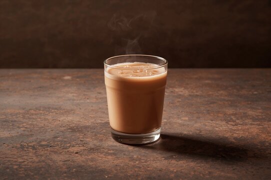 Glass cup filled with spiced tea or fresh milk tea on a textured surface