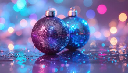 A futuristic Christmas background with blue baubles on a reflective floor, with vibrant pink and blue neon bokeh lights.