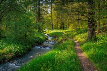 Fototapeta premium Wooded path close to a waterfall in a northeastern region