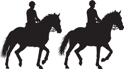 Fototapeta premium Two equestrian riders on horses in silhouette isolated on white background