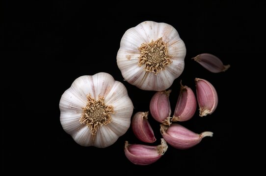 Dark background featuring garlic bulbs and pink cloves