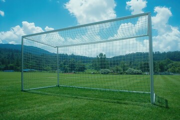 Fototapeta premium Setting up a net for football, badminton, and tennis games on a grassy field in rural areas, schools, yards, children's forest daycare, and mountain summer camps under the open sky