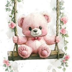 A fluffy pink teddy bear sits on a wooden swing, adorned with a delicate bow. Beautiful roses frame the swing, creating an enchanting atmosphere in a vibrant garden.
