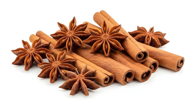 Star anise and cinnamon sticks, isolated on a black background.