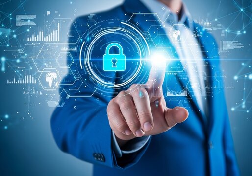A businessman in a blue suit interacts with a digital security interface, symbolizing data protection and cybersecurity.