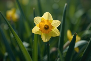 Fototapeta premium Delicate Daffodil Emerging Through the Greenery