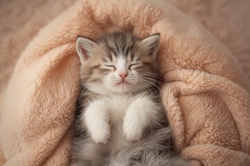 Fototapeta premium Cute little kitten lying on a soft blanket, viewed from the top.