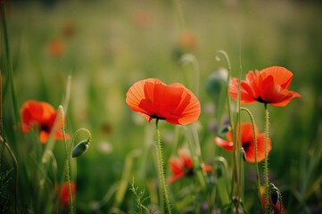 Obraz premium Vibrant red blossoms brighten the scenery, bringing warmth and affection to nature's backdrop