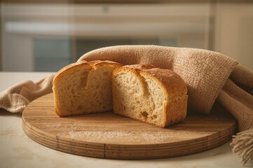Half-sliced warm loaf wrapped in cloth on a bamboo surface